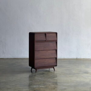 Kabinet minimalis kayu jati finishing salak brown dengan desain retro simetris