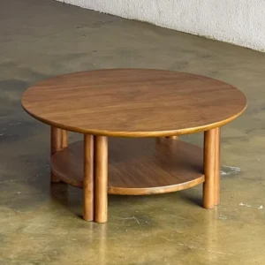 Meja Scandinavian minimalis oval dari kayu jati solid finishing natural