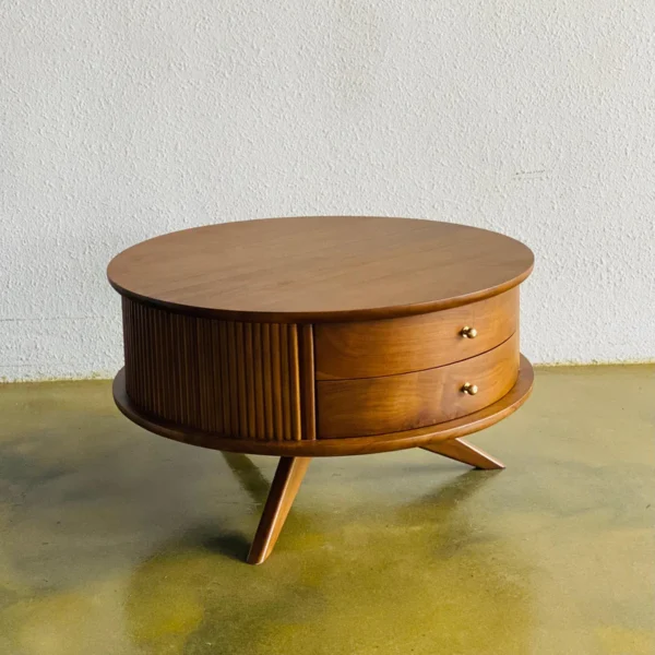 Meja oval minimalis dari kayu jati dengan dua laci dan kaki miring elegan handmade Jepara