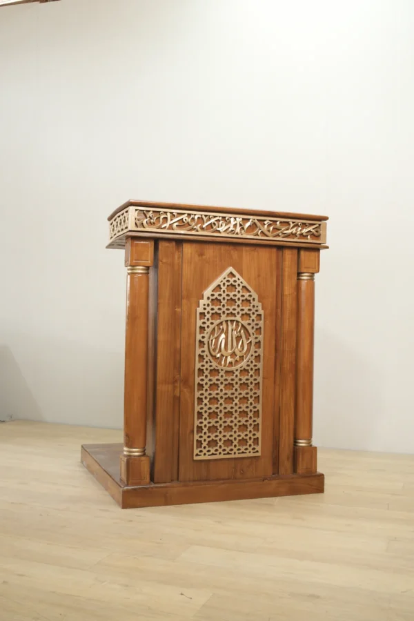 mimbar masjid kayu jati ukiran kaligrafi allah geometris islami 120x100cm natural gloss jepara