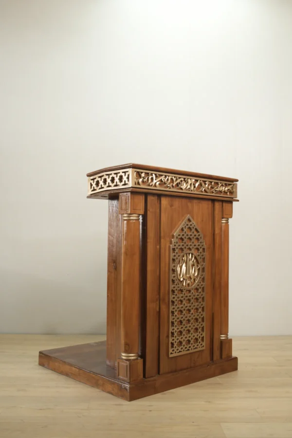 mimbar masjid kayu jati ukiran kaligrafi allah geometris islami 120x100cm natural gloss jepara