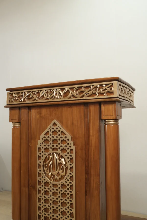 mimbar masjid kayu jati ukiran kaligrafi allah geometris islami 120x100cm natural gloss jepara