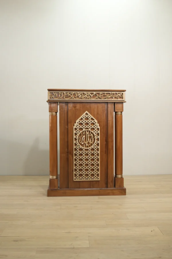 mimbar masjid kayu jati ukiran kaligrafi allah geometris islami 120x100cm natural gloss jepara