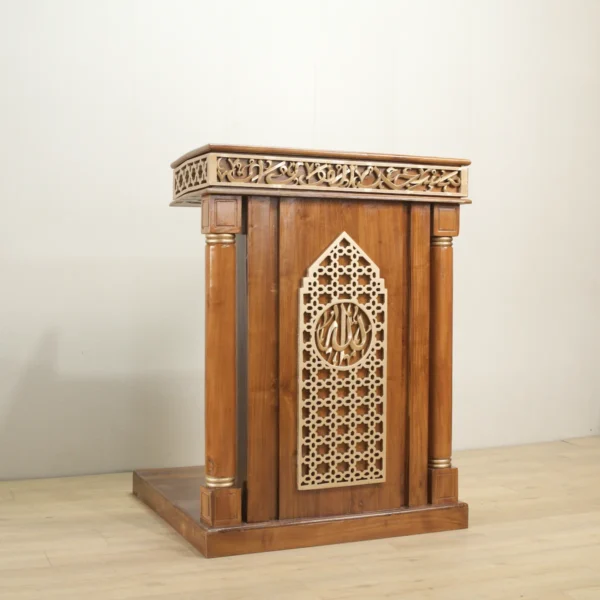 mimbar masjid kayu jati ukiran kaligrafi allah geometris islami 120x100cm natural gloss jepara
