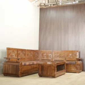set sofa sudut l shape kayu jati ukiran klasik dengan meja kopi jepara