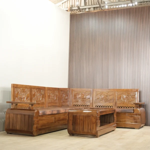 set sofa sudut l shape kayu jati ukiran klasik dengan meja kopi jepara