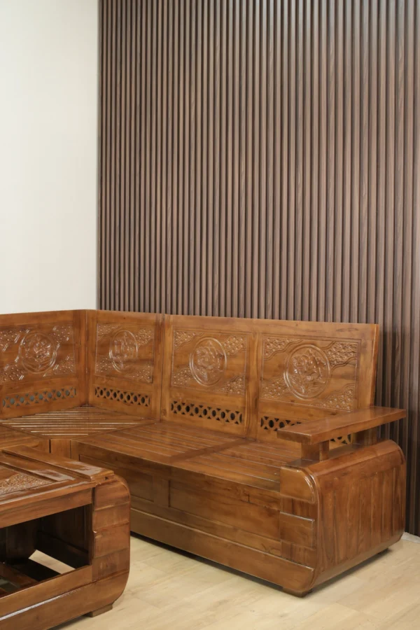 set sofa sudut l shape kayu jati ukiran klasik dengan meja kopi jepara