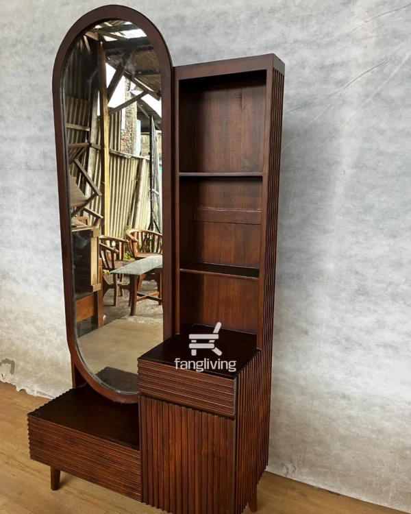 Tempat rias jati minimalis warna walnut tua dengan kaca tinggi dan rak salur – Fangliving