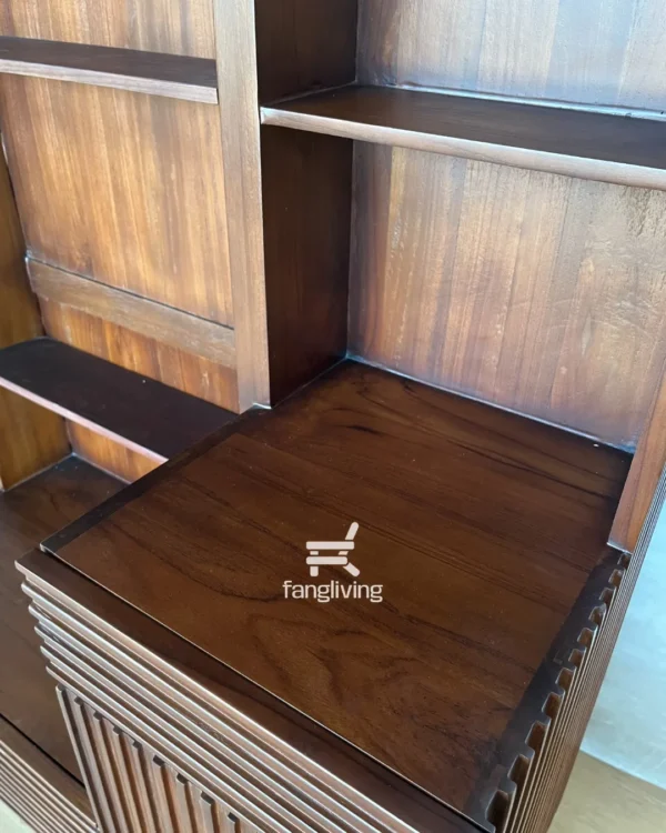 Tempat rias jati minimalis warna walnut tua dengan kaca tinggi dan rak salur – Fangliving