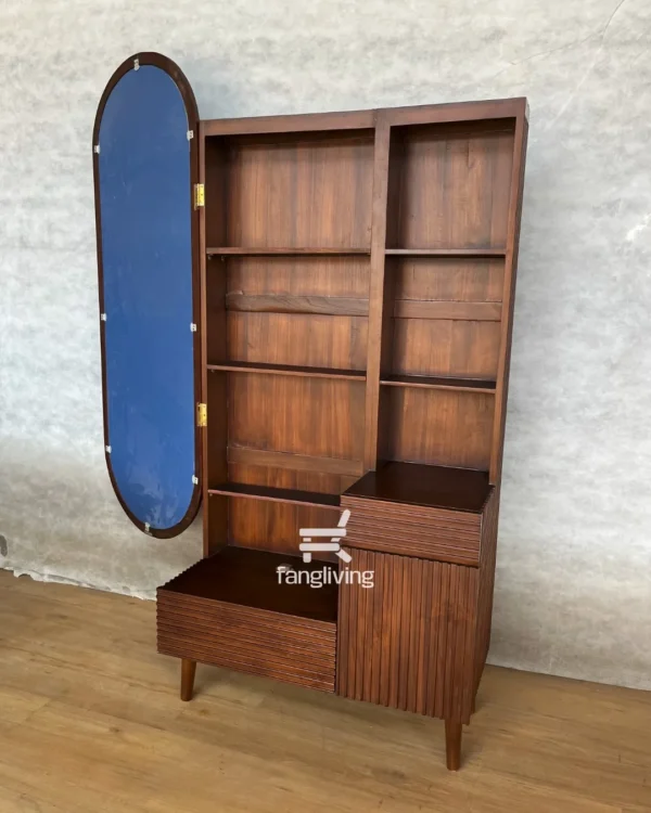 Tempat rias jati minimalis warna walnut tua dengan kaca tinggi dan rak salur – Fangliving