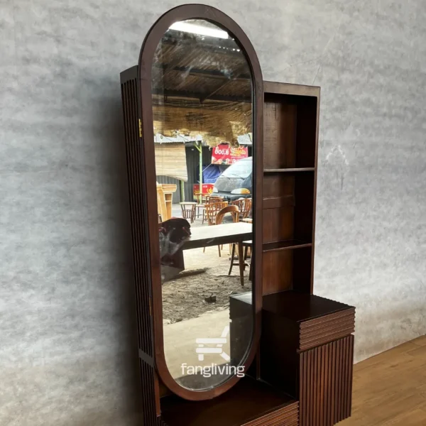 Tempat rias jati minimalis warna walnut tua dengan kaca tinggi dan rak salur – Fangliving