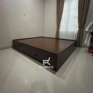 Tempat tidur minimalis kayu jati dengan laci samping warna walnut