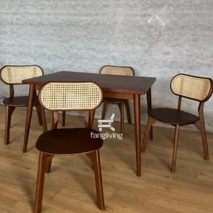 Kursi makan kayu jati kombinasi rotan desain minimalis warna walnut
