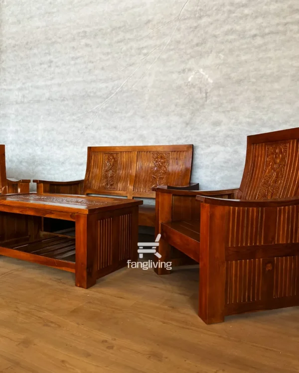 Set kursi tamu minimalis kayu jati model 211 warna walnut dari Fangliving