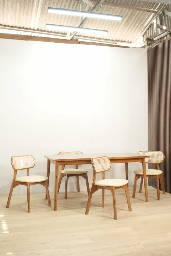 set meja makan kayu jati kombinasi rotan 4 kursi minimalis scandinavian jepara