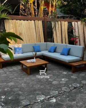 Sofa sudut outdoor jati solid dengan cushion abu-abu