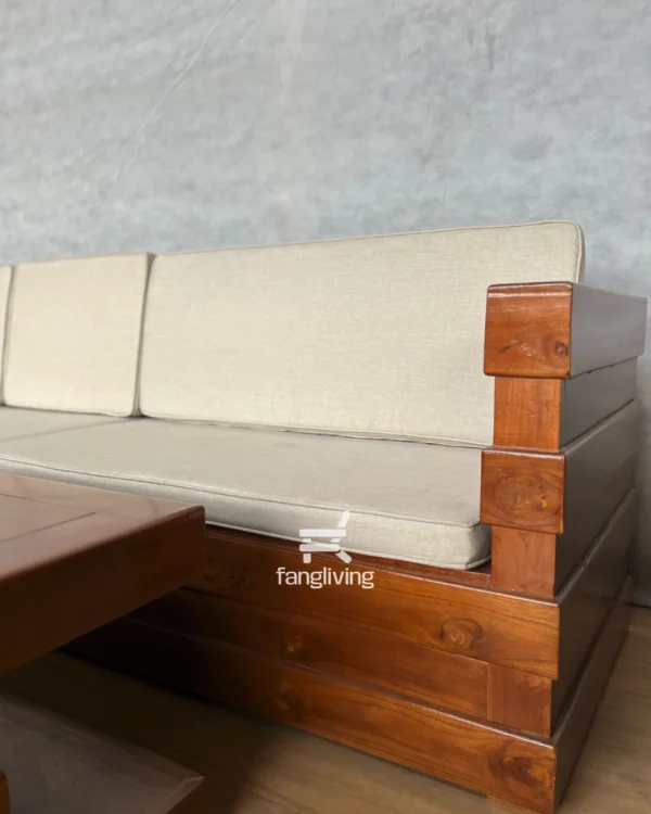 Detail lengan dan sandaran sofa sudut jati minimalis modern