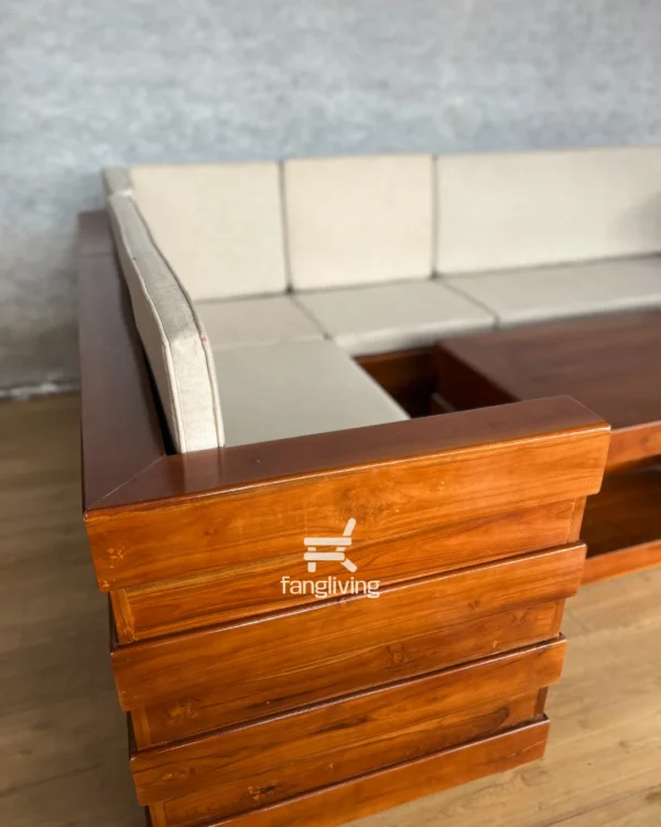 Desain sudut sofa kayu jati modern dengan ukiran blok