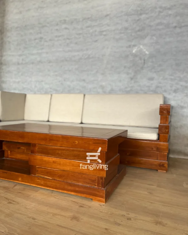 Tampilan belakang sofa jati minimalis model L