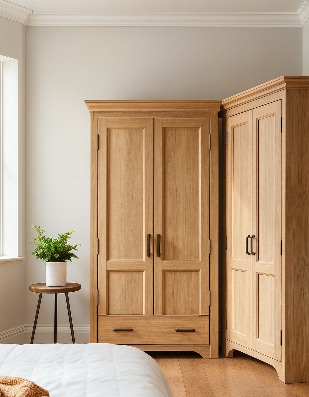 Lemari pakaian minimalis kayu jati 2 pintu dengan laci bawah elegan