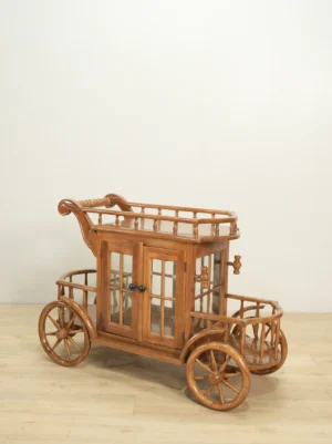 bar cart trolley kayu jati desain kereta klasik victorian dengan lemari kaca jepara