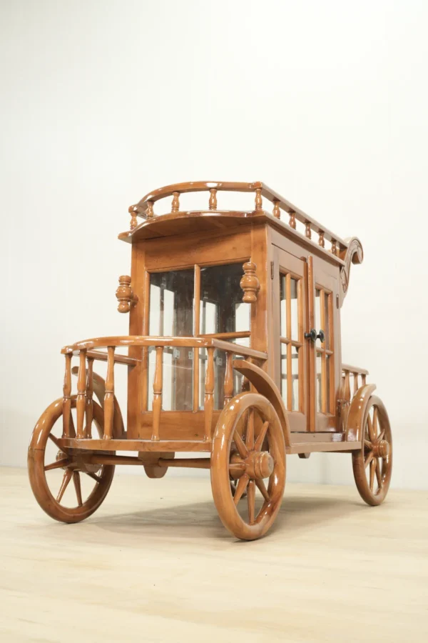 bar cart trolley kayu jati desain kereta klasik victorian dengan lemari kaca jepara