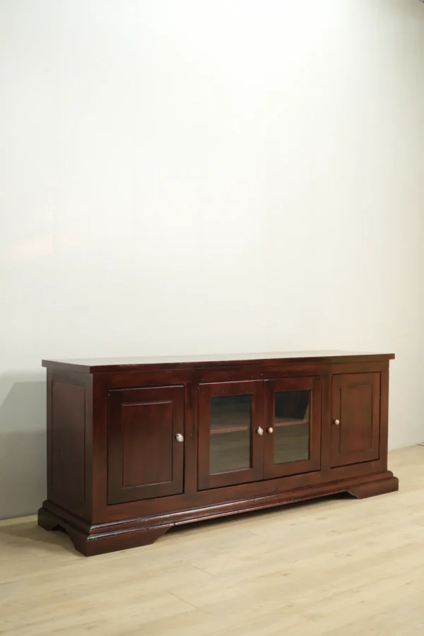 bufet tv kayu jati klasik 4 pintu ukuran 165x70x45cm finishing salak brown gloss jepara