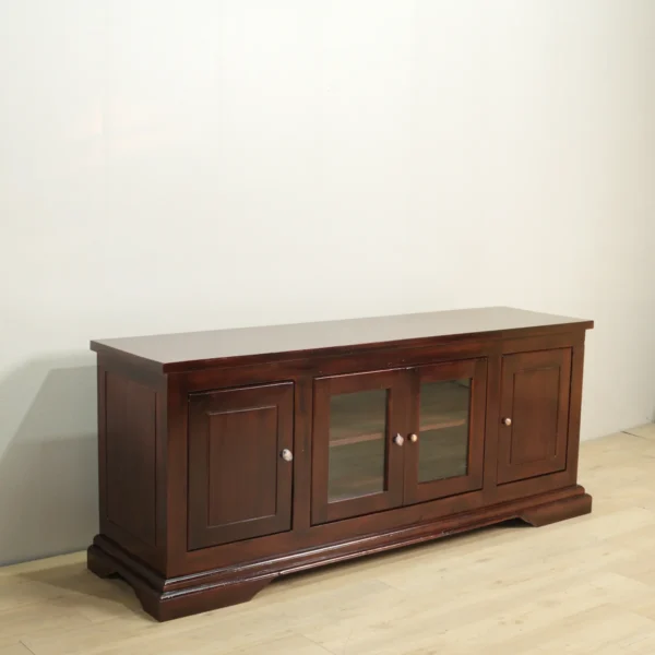 bufet tv kayu jati klasik 4 pintu ukuran 165x70x45cm finishing salak brown gloss jepara