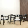 set meja makan hiroshima kayu jati 4 kursi armrest dudukan busa abu 150x80cm finishing hitam jepara
