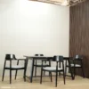 set meja makan hiroshima kayu jati 4 kursi armrest dudukan busa abu 150x80cm finishing hitam jepara