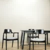 set meja makan hiroshima kayu jati 4 kursi armrest dudukan busa abu 150x80cm finishing hitam jepara