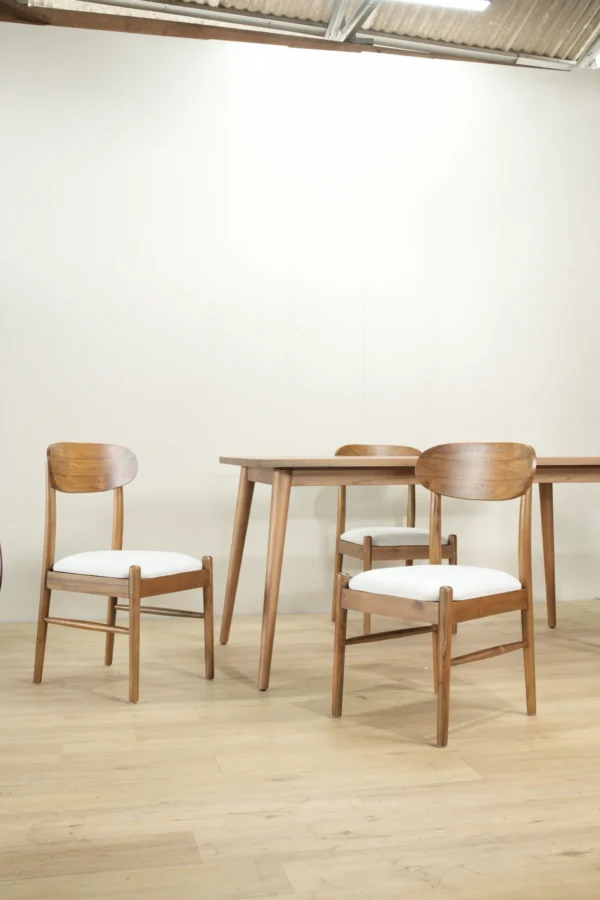set meja makan kayu jati minimalis scandinavian 4 kursi dudukan busa 160x80cm finishing walnut doff jepara