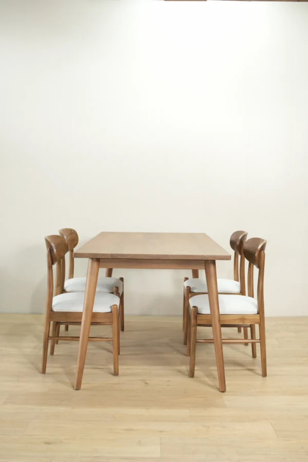 set meja makan kayu jati minimalis scandinavian 4 kursi dudukan busa 160x80cm finishing walnut doff jepara