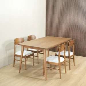 set meja makan kayu jati minimalis scandinavian 4 kursi dudukan busa 160x80cm finishing walnut doff jepara