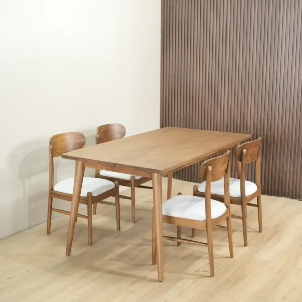 set meja makan kayu jati minimalis scandinavian 4 kursi dudukan busa 160x80cm finishing walnut doff jepara