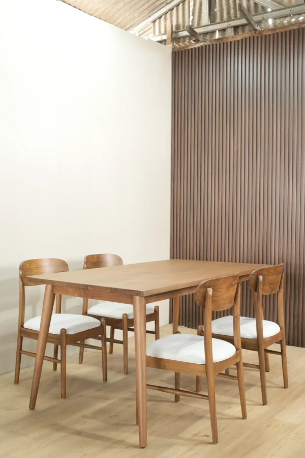 set meja makan kayu jati minimalis scandinavian 4 kursi dudukan busa 160x80cm finishing walnut doff jepara
