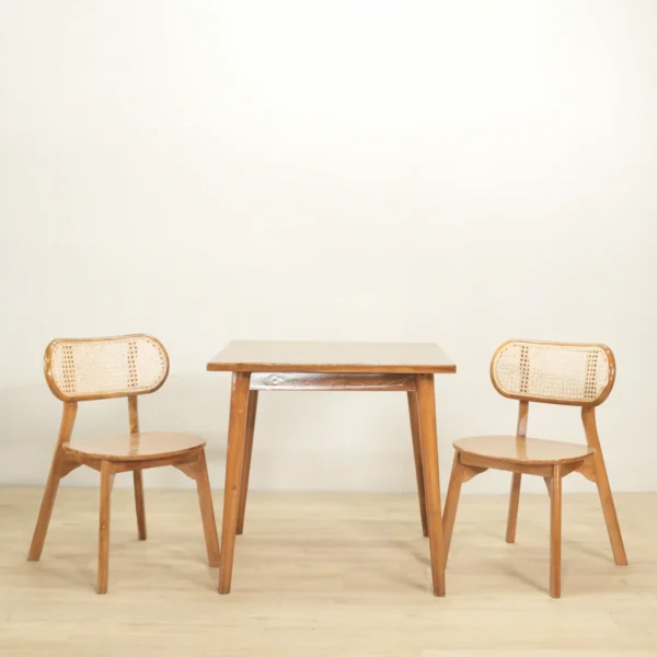 set meja makan kayu jati kombinasi rotan 2 kursi 80x80cm finishing natural gloss jepara